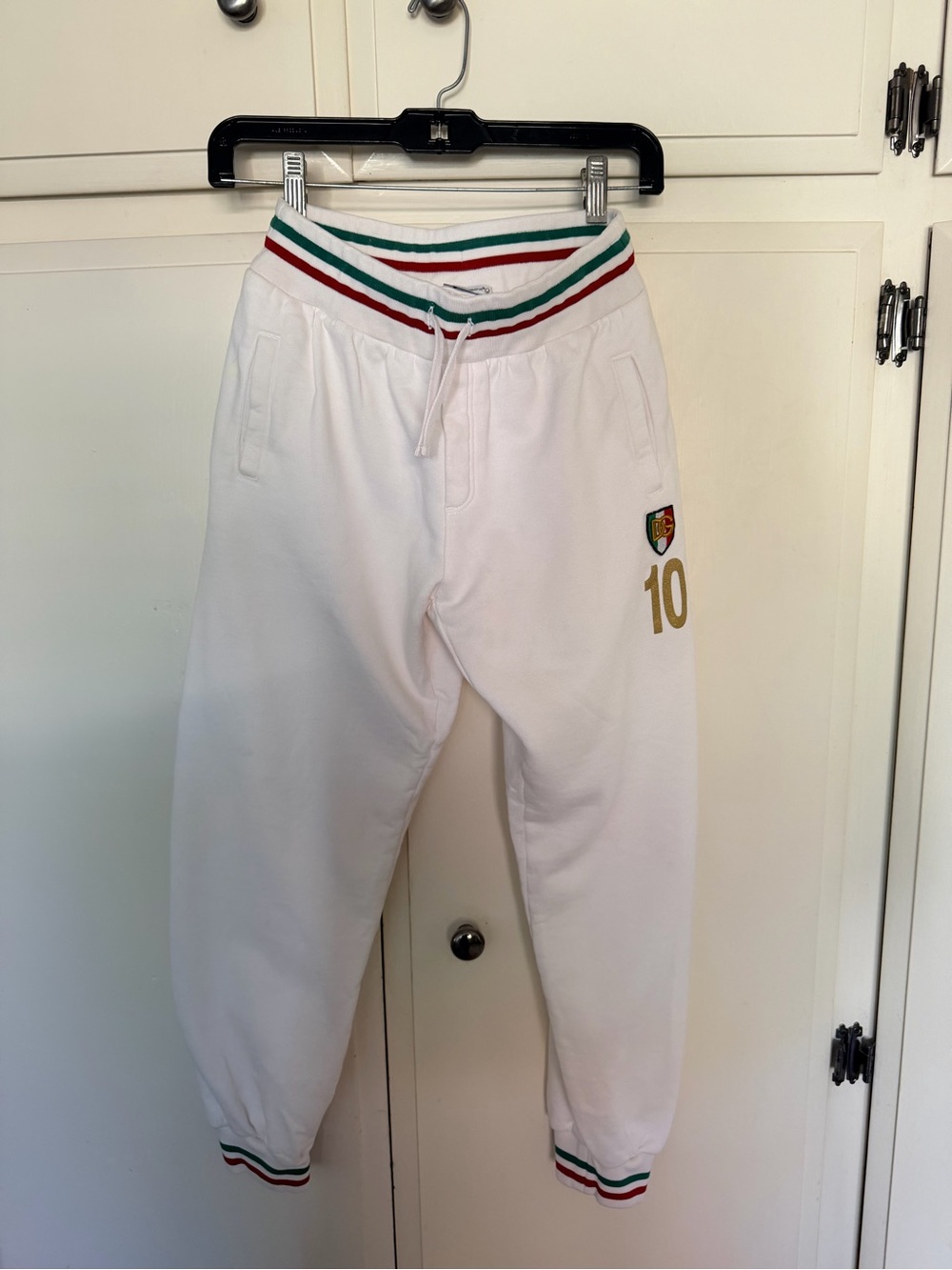 Dolce & Gabbana White Junior size Joggers with Green & Red Trim